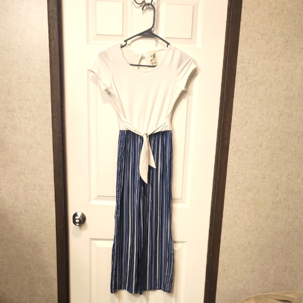 White and Blue Striped Jumpsuit